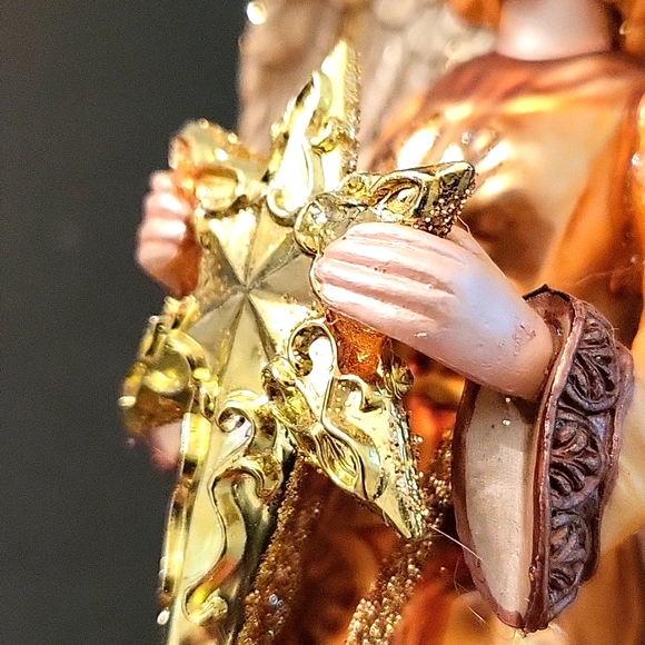 NEW Angel with Star Ornament, Gold & Cream Painted Glass, Glitter - Picture 12 of 14